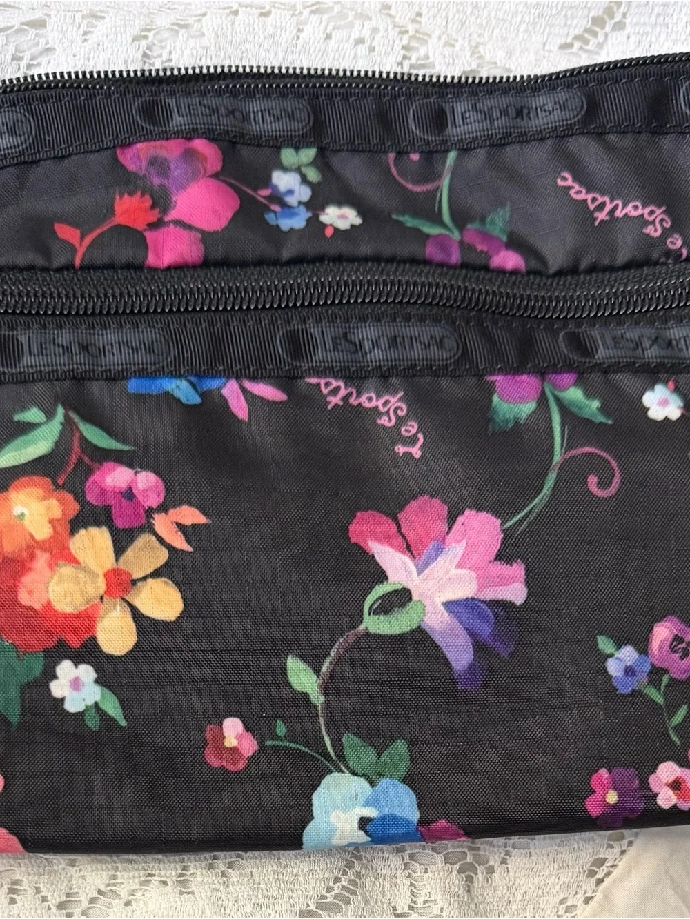 Lesportsac Black Floral Cosmetic Pouch with Multicolor Blooms